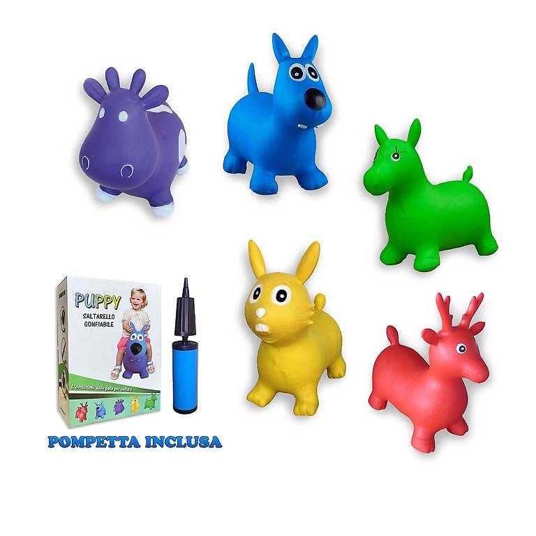 Animaletti salterelli cavalcabili con scatola e pompa