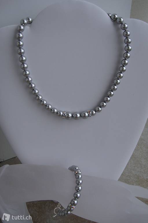 A vendre parure perles nacrées Light Grey strass Argent 925