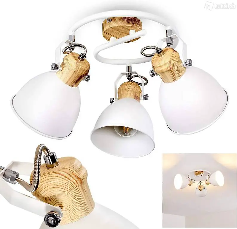  runde Deckenlampe aus Metall in Weiss/Holzoptik, 3-flammig