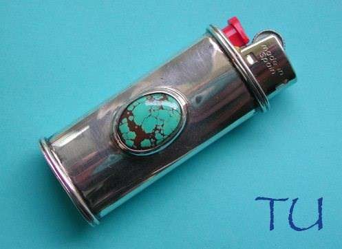 Porte-Briquet Argent et Turquoise, Nacre, Oeil-de-Tigre etc.