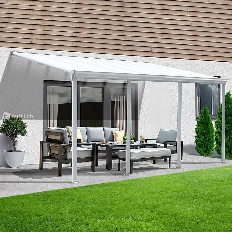  NEU Terrassenüberdachung 312 x 303 x 226 / 278 cm (Weiss)