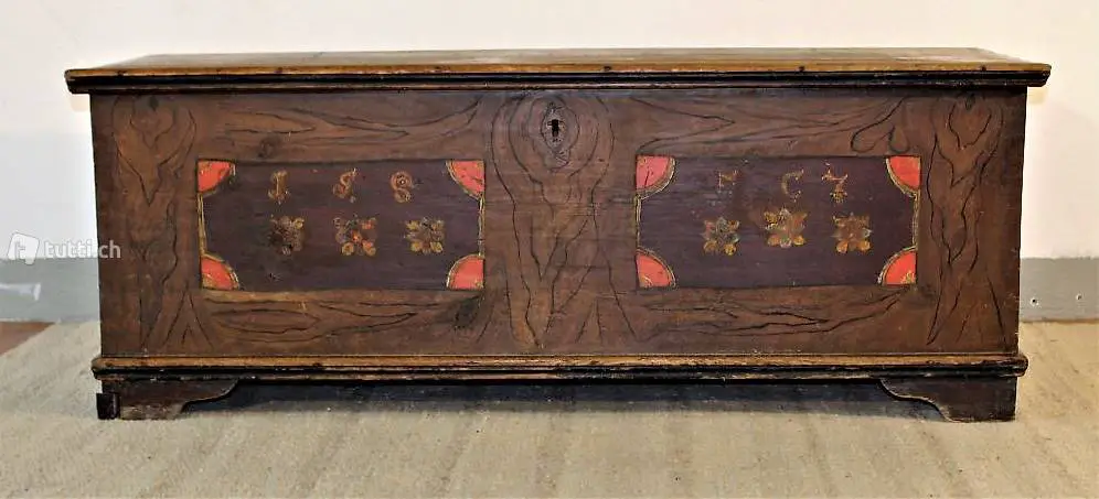  Truhe Jg. 1857. Bauerntruhe antik bemalt.