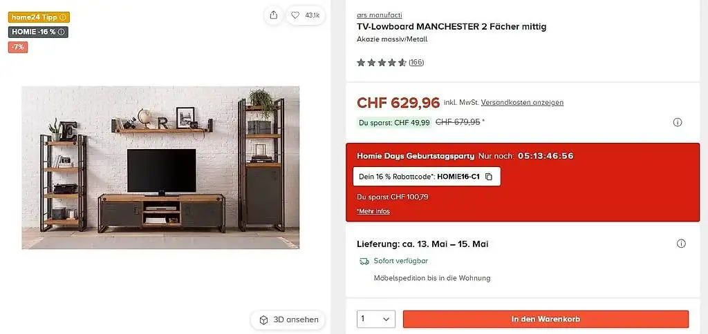 TV-Lowboard MANCHESTER 2 Fächer mittig