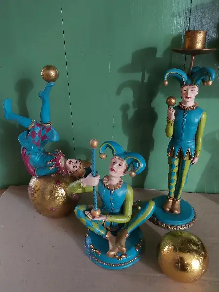Sehr rarVintage Harlekin Figuren, gold Ball, Kerzenständer