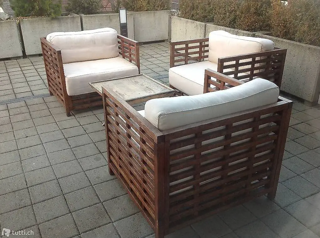 3 schöne Loungesessel aus Teakholz mit Sitzkisssen neu