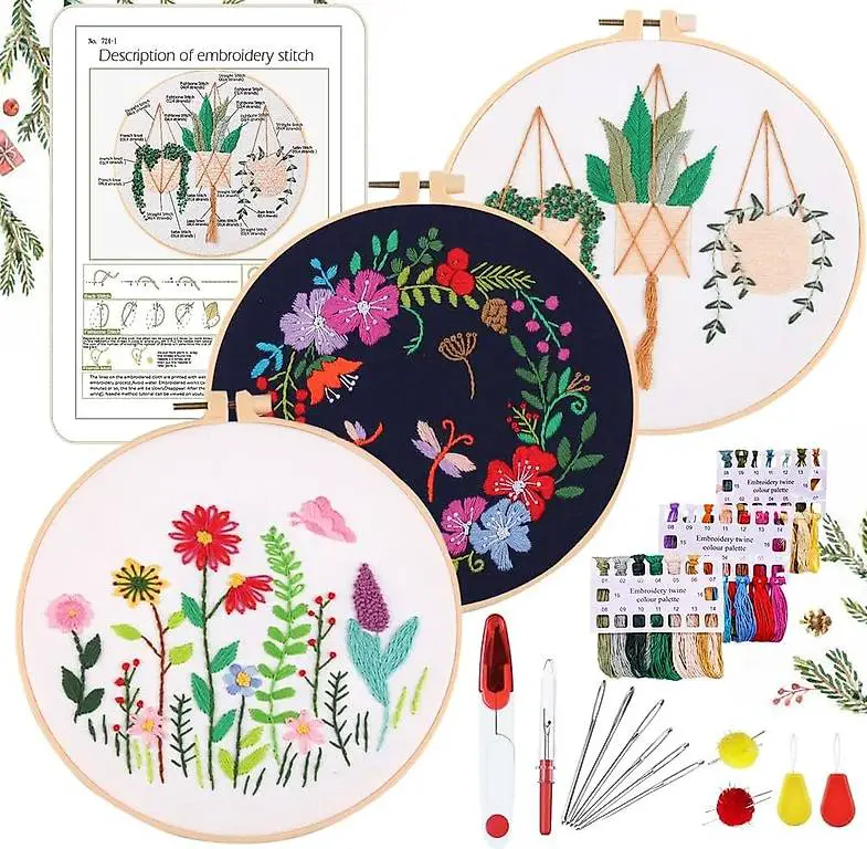 Blumen Stickerei-Set für Anfänger, Blau, Komplett