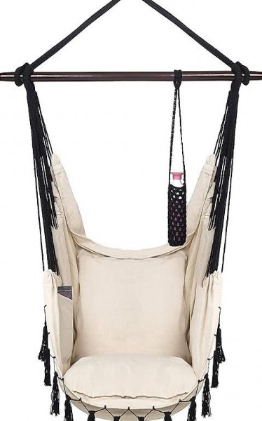  Hängesessel 2 Kissen, Beige, Getränkehalter & Bücherfach