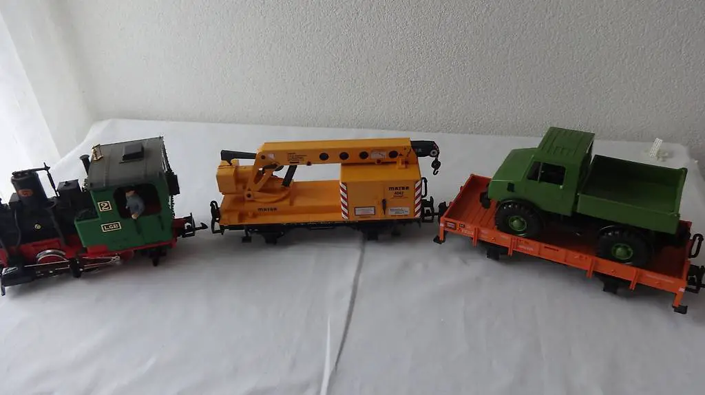 LGB Dampflok, Kranwagen, Güterwagen+Auto Spur G