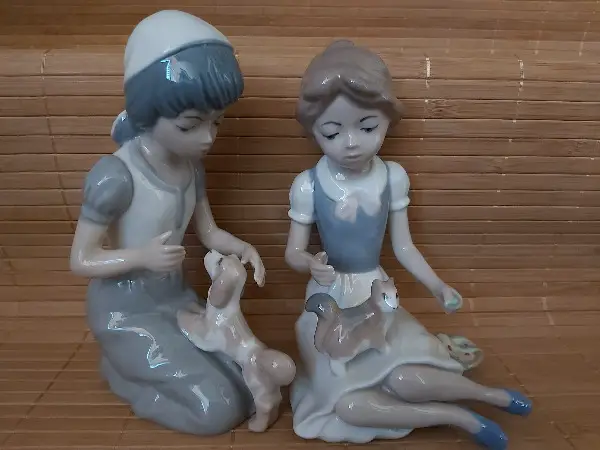 Vintage, spanisches Porzellan, Mädchen+Hund, Mädchen + Katze