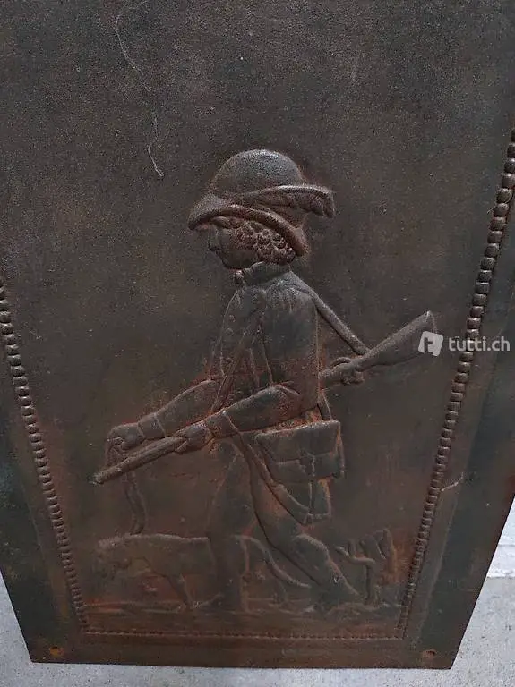 Alte Stahlplatte mit geprägtem Bild "Jagdmotiv"