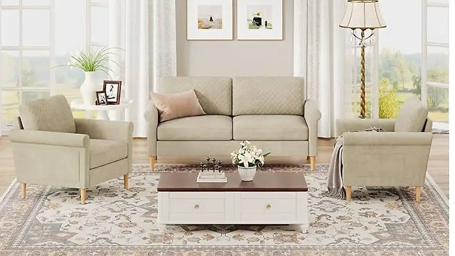 164cm Stoff Sofa Sets, Beige 2 Sitzer Sofa und Ohrensessel