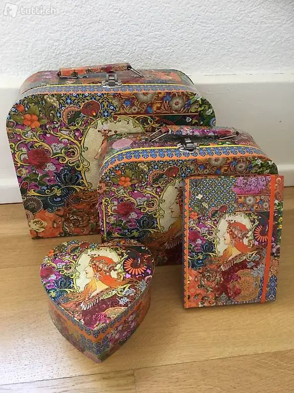  Set 4 Stk. Koffer, Notizbuch, Schatulle Vintage Mucha