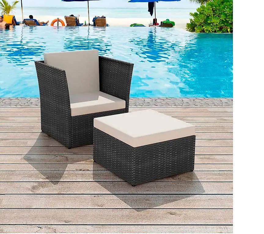 Gartensessel mit Fusshocker Poly Rattan Schwarz