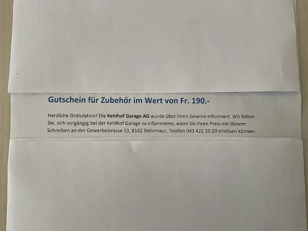 Gutschein, Kehlhof Garage AG, für Zubehör, Wert 190.-