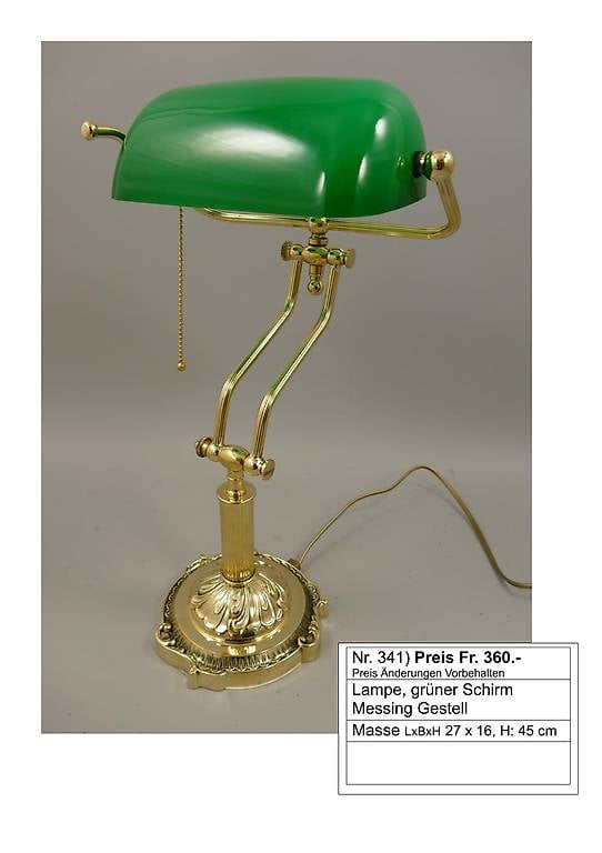 Lampe Anwalt Schirm grün Messing Gestell glänzig antik Look