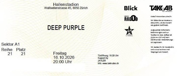 2x Ticket Konzert Deep Purple Freitag 16.10.2026 Zürich
