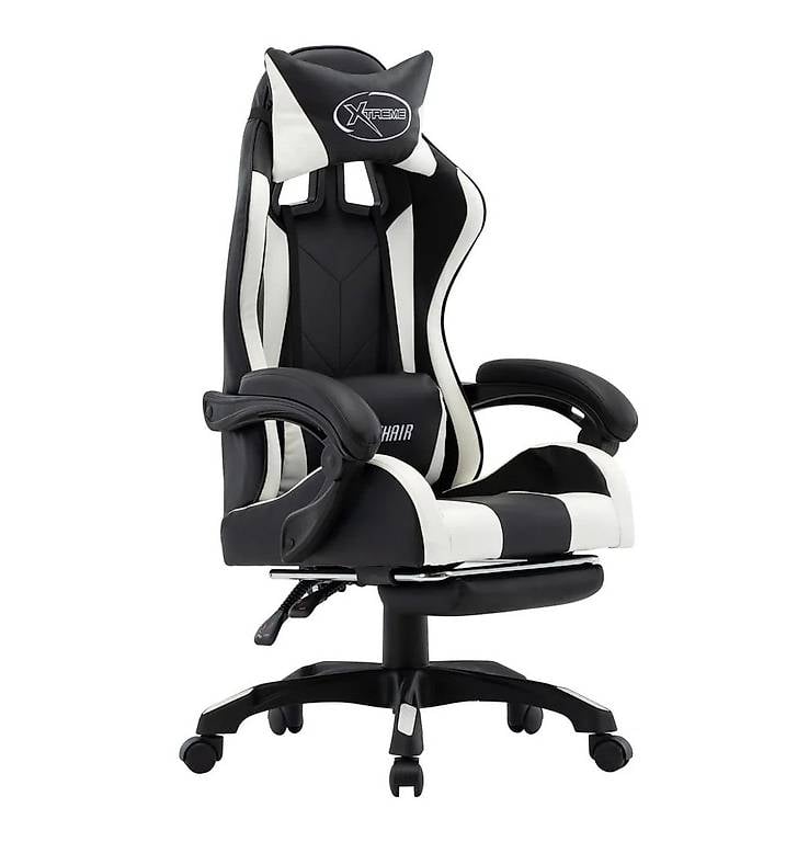 Gaming-Stuhl mit Fussstütze Weiss und Schwarz Kunstleder