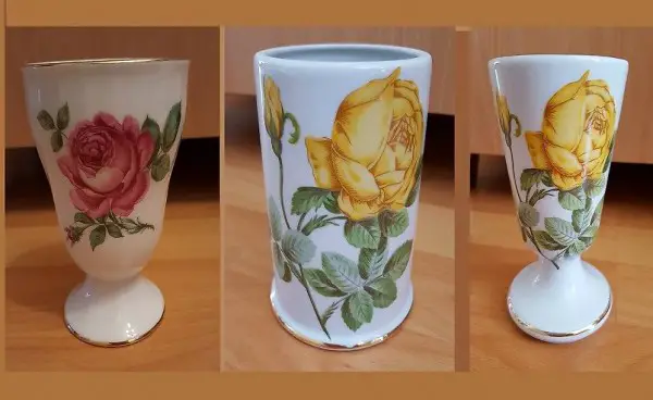 Porzellan Becher / Vase mit Rosen + Goldrand